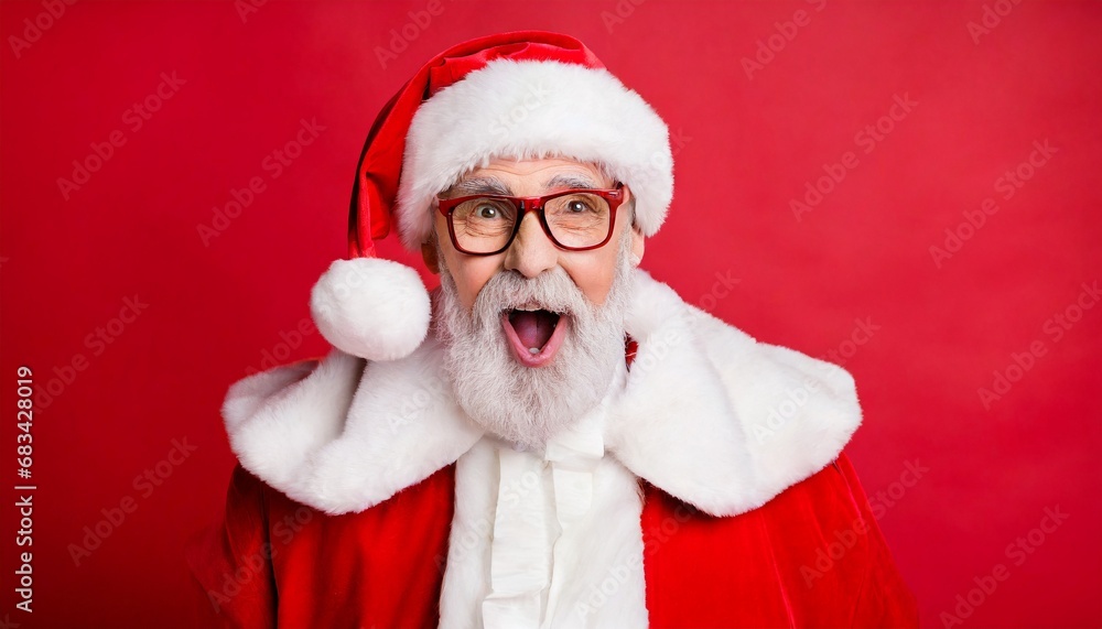Close-up photo of retired old Santa Claus. white beard, mouth open, looking confused. He is dressed in a Santa costume and wearing a hat. on isolated background.
Close-up photo of retired old Santa Claus. white beard, mouth open, looking confused. He is dressed in a Santa costume and wearing a hat. on isolated background.
