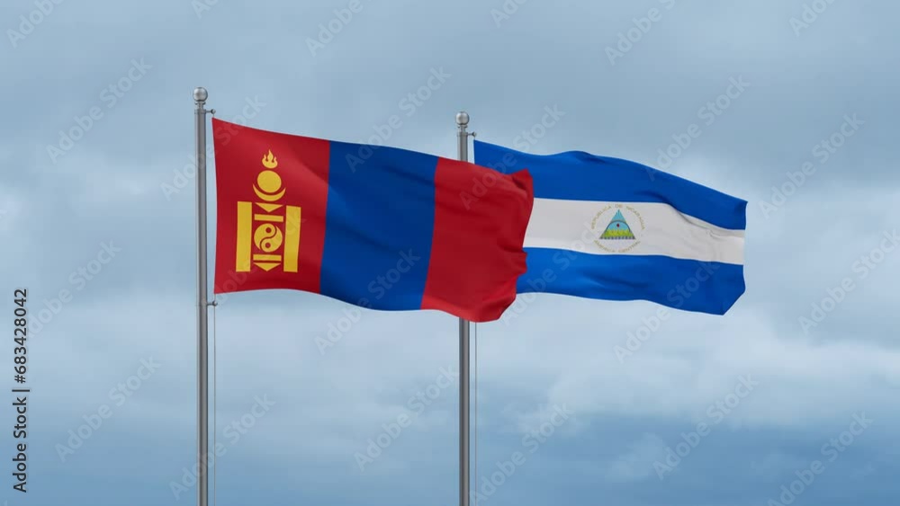 Nicaragua flag and Mongolia flag waving together on cloudy sky, endless seamless loop, two country relations concept Nicaragua flag and Mongolia flag waving together on cloudy sky, endless seamless loop, two country relations concept