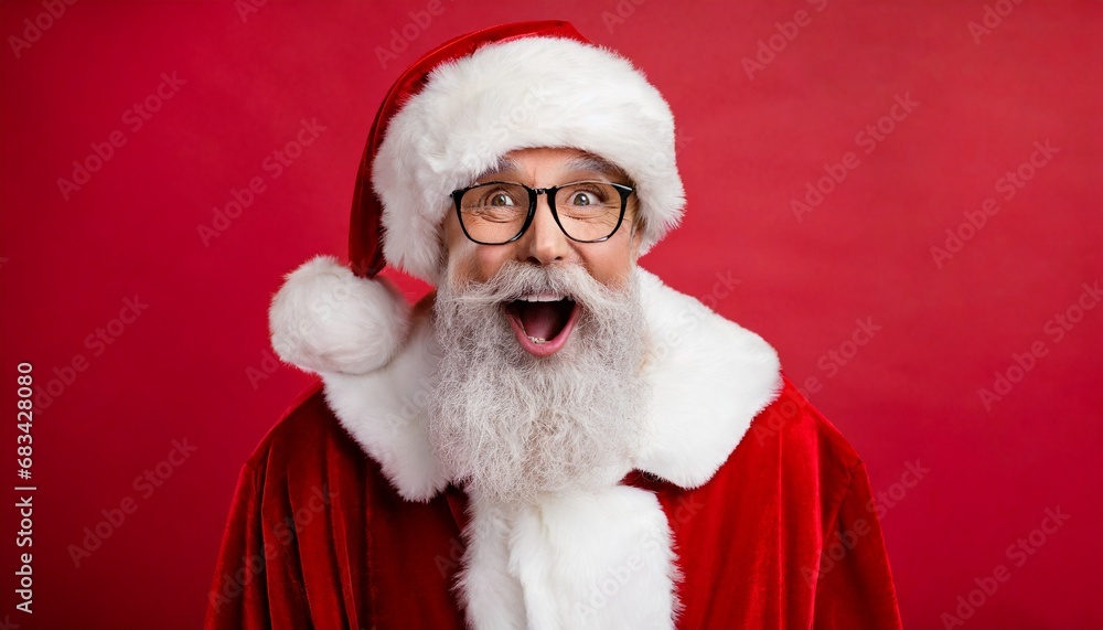 Close-up photo of retired old Santa Claus. white beard, mouth open, looking confused. He is dressed in a Santa costume and wearing a hat. on isolated background.
Close-up photo of retired old Santa Claus. white beard, mouth open, looking confused. He is dressed in a Santa costume and wearing a hat. on isolated background.