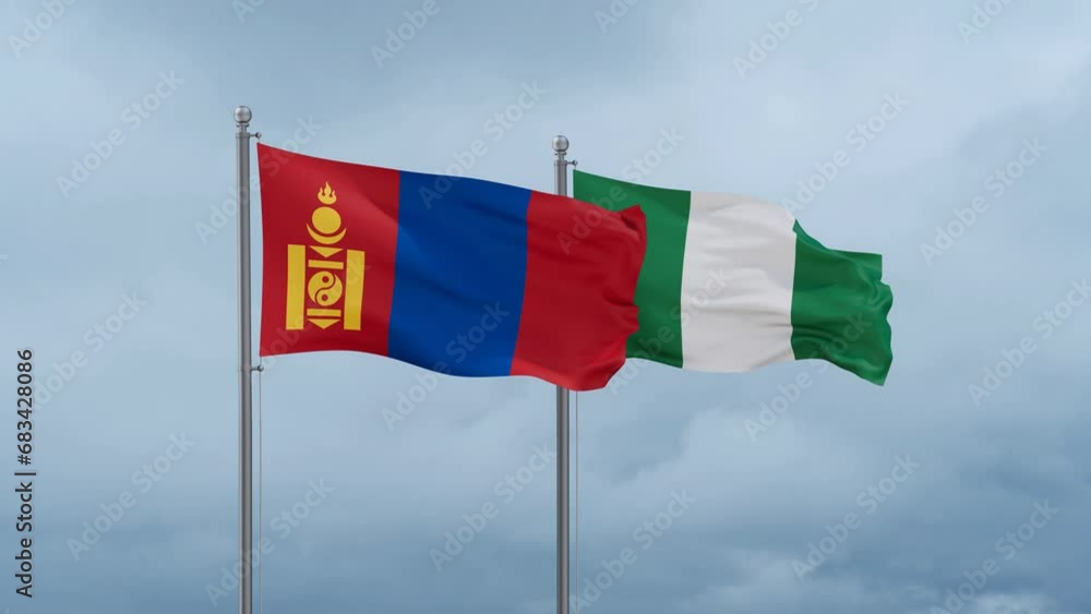 Nigeria flag and Mongolia flag waving together on cloudy sky, endless seamless loop, two country relations concept Nigeria flag and Mongolia flag waving together on cloudy sky, endless seamless loop, two country relations concept