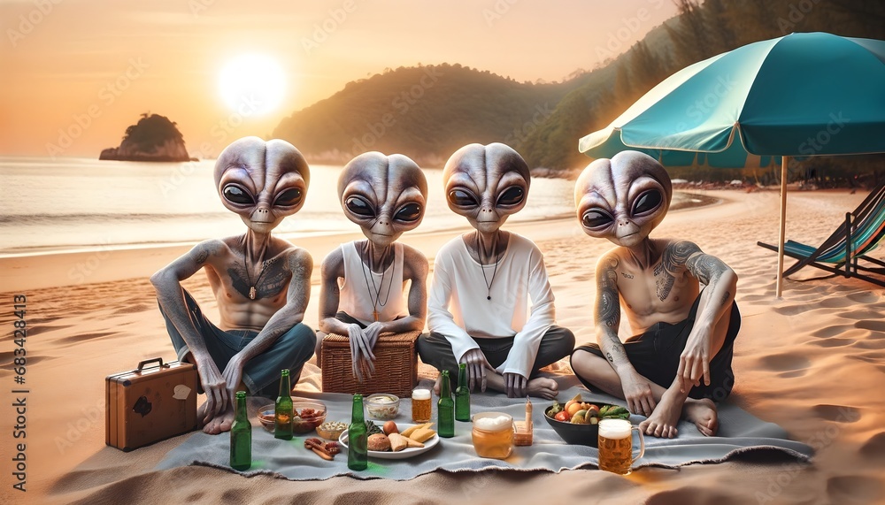 Aliens having picnic at the beach - obrazy, fototapety, plakaty 
