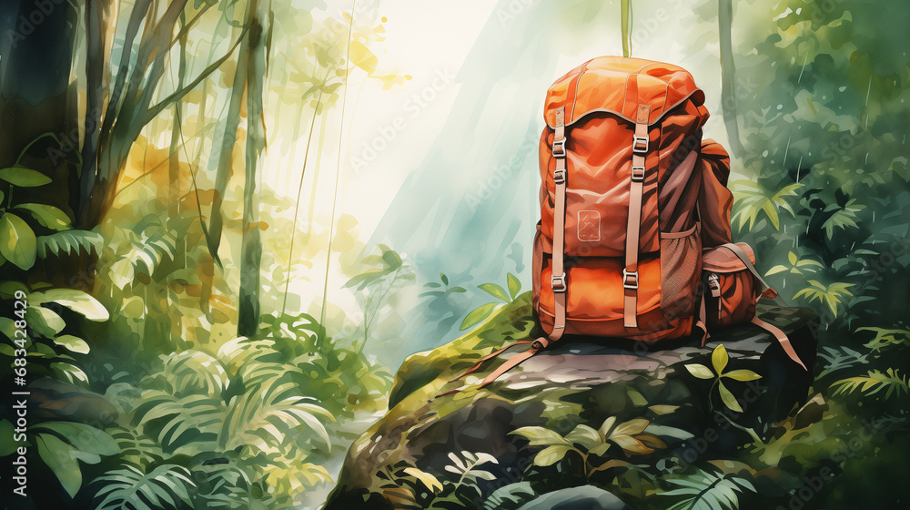 expedition backpack stands in exotic forest