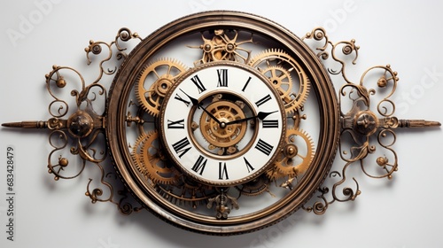 A classic wall clock, its tick-tock motion frozen in time, exhibited magnificently against a white backdrop.