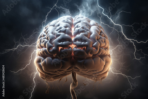 Human Brain Struck by Lightning, Symbolizing the Intense Struggle of Stress and Burnout. Ai generated photo