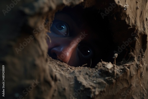 A close-up image of a person peering out of a hole. This picture can be used to depict curiosity, discovery, or a feeling of being trapped.