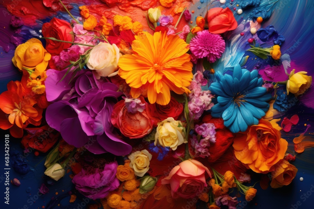 A vibrant bunch of colorful flowers displayed on a smooth blue surface. Perfect for adding a pop of color to any project or design. A vibrant bunch of colorful flowers displayed on a smooth blue surface. Perfect for adding a pop of color to any project or design.