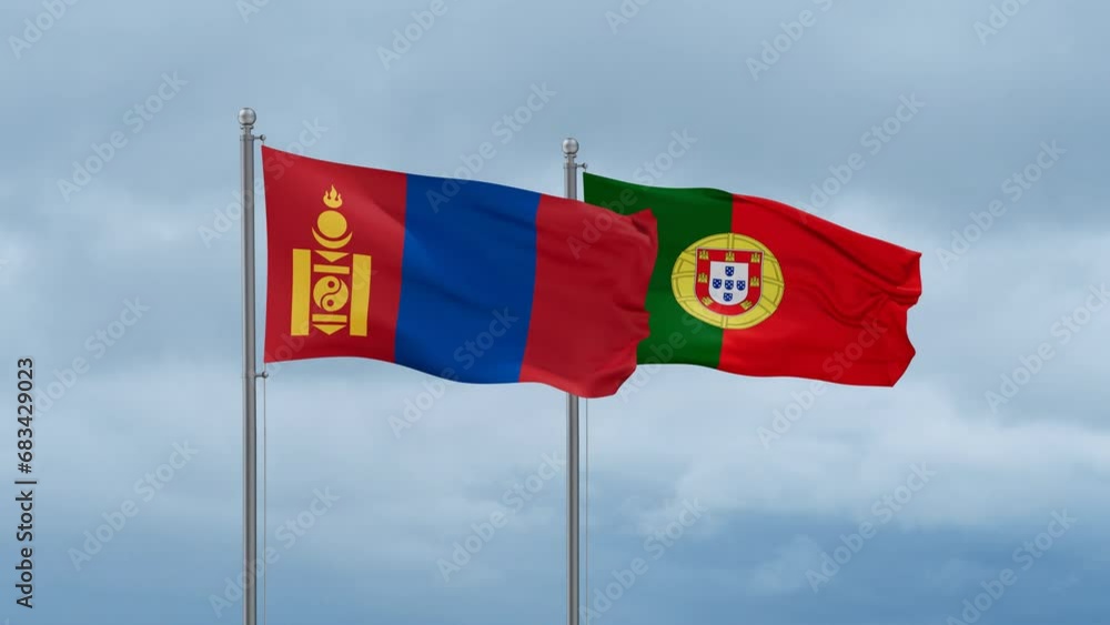 Portugal and Mongolia flag waving together on cloudy sky, endless seamless loop, two country cooperation concept Portugal and Mongolia flag waving together on cloudy sky, endless seamless loop, two country cooperation concept