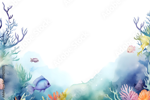 Sea life background. Underwater border frame in watercolor style.
