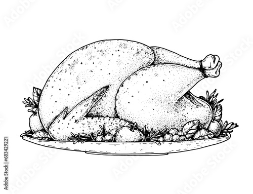 Thanksgiving roasted turkey sketch. Roasted turkey on tray garnished with fruits. Hand drawn vector illustration.