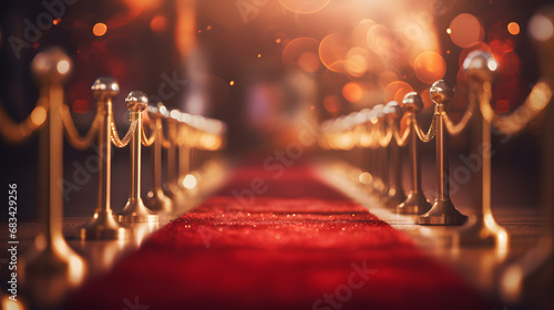 Red carpet with golden stanchions and bokeh on dark background photo