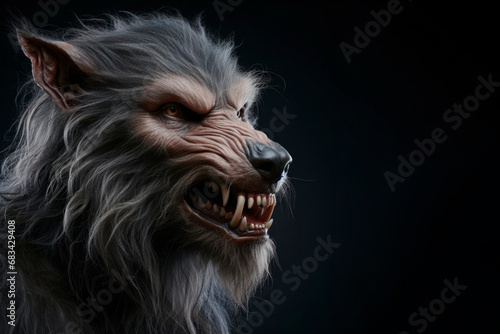 photorealistic studio portrait of a werewolf on black background. ai generative