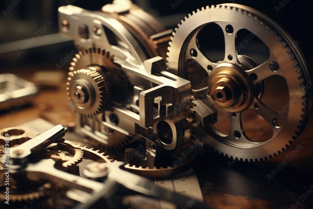 A close-up view of a clock mechanism on a table. This image can be used to depict time, precision, mechanics, or the concept of time management - obrazy, fototapety, plakaty 