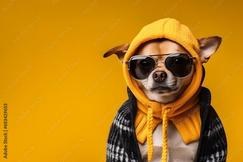 Funny dog with fashionable clothes portrait on background.