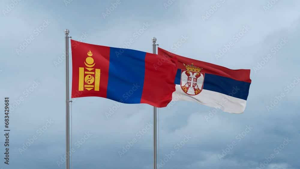 Republic of Serbia and Mongolia flag waving together on cloudy sky, endless seamless loop, two country cooperation concept Republic of Serbia and Mongolia flag waving together on cloudy sky, endless seamless loop, two country cooperation concept