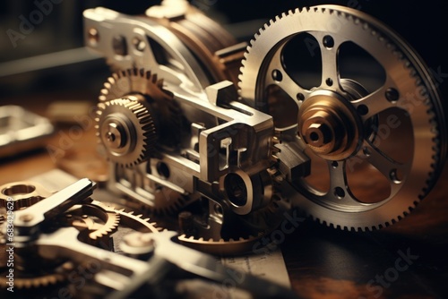 A close-up view of a clock mechanism on a table. This image can be used to depict time, precision, mechanics, or the concept of time management photo