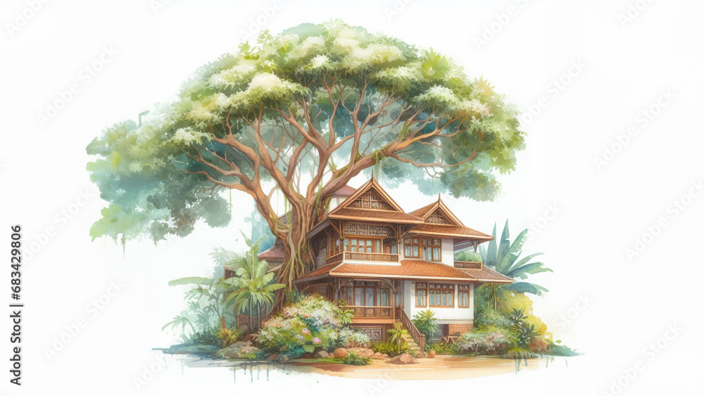 Watercolor tree house on white background Watercolor tree house on white background