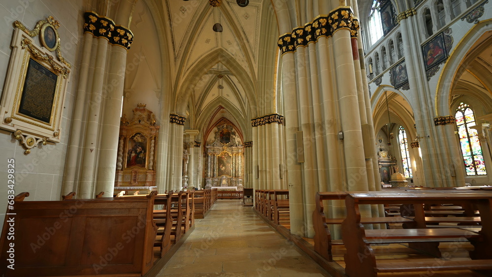 Fribourg, Switzerland Circa March 2022 - Interior of Traditional Catholic Cathedral - Saint Nicholas Worship Architecture