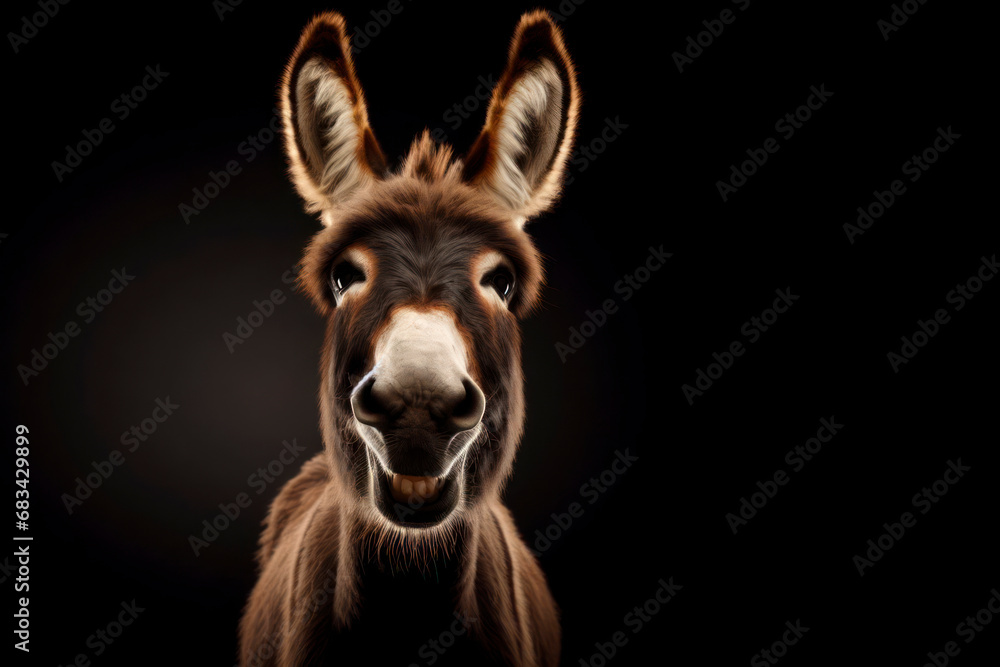 portrait of a happy donkey isolated on black background with copy space. ai generative