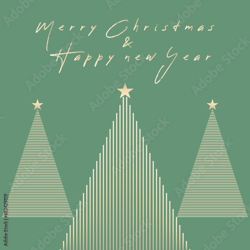 Simple Geometric Christmas Tree Illustration. Modern Luxury Christmas Cards with Merry Christmas