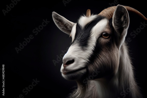 portrait of a goat isolated on black background with copy space. ai generative
