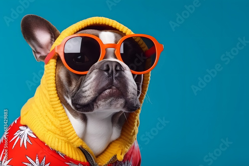 Funny dog with fashionable clothes portrait on background.