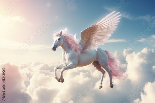 A stunning image of a white horse with a pink mane flying gracefully through the sky.  © Ева Поликарпова
