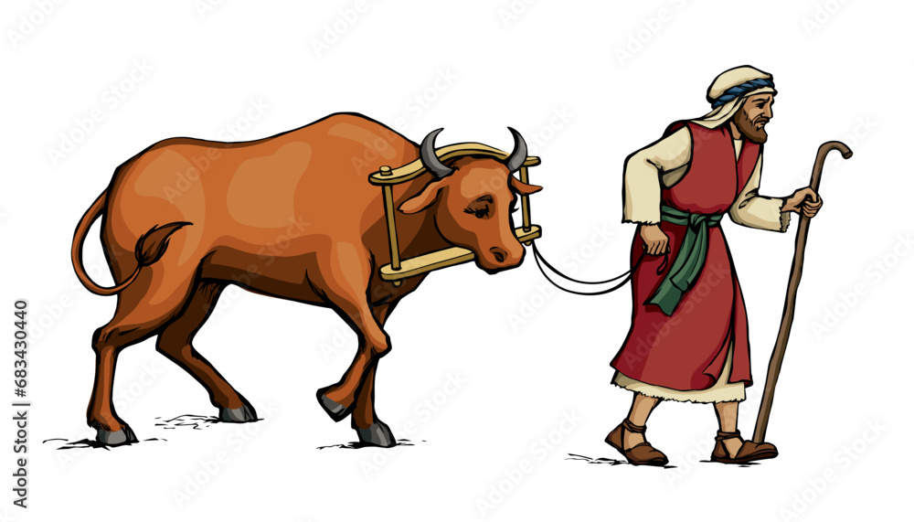 Vector drawing. A man leads an ox Vector drawing. A man leads an ox