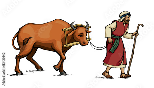 Vector drawing. A man leads an ox