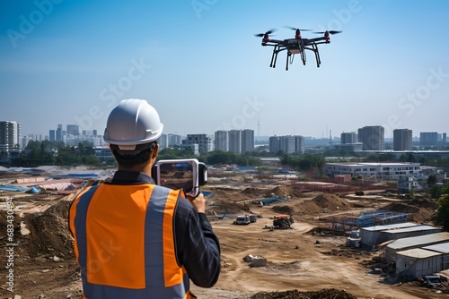 a labor worker engineer flying a modern drone on construction site building
