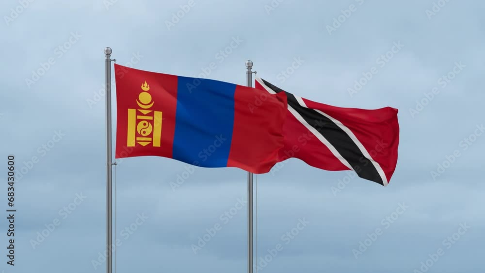 Trinidad and Tobago and Mongolia flag waving together on cloudy sky, endless seamless loop, two country cooperation concept Trinidad and Tobago and Mongolia flag waving together on cloudy sky, endless seamless loop, two country cooperation concept
