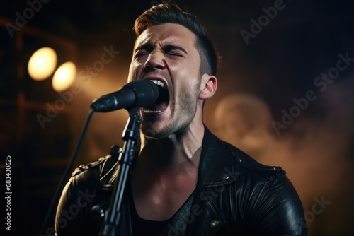 A man wearing a leather jacket singing into a microphone. This image can be used for music-related articles, blog posts, or promotional materials