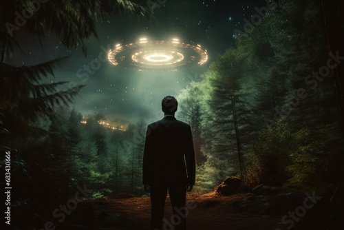 from behind, a business man in front of an alien ship, forest background photograph, photography, professional quality --ar 3:2 --v 5.2 Job ID: 0f922c0a-37e1-4a12-b5c7-f5f1d6656761