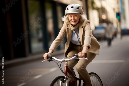 Older mature senior woman 65 keeping fit and enjoying like ridaing a bicycle wearing a safety helmet photo
