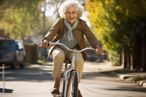 Older mature senior woman 65 keeping fit and enjoying like ridaing a bicycle photo