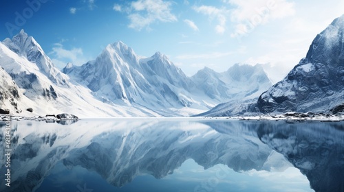 A pristine glacial lake, surrounded by snow-capped peaks reflecting on its surface.
