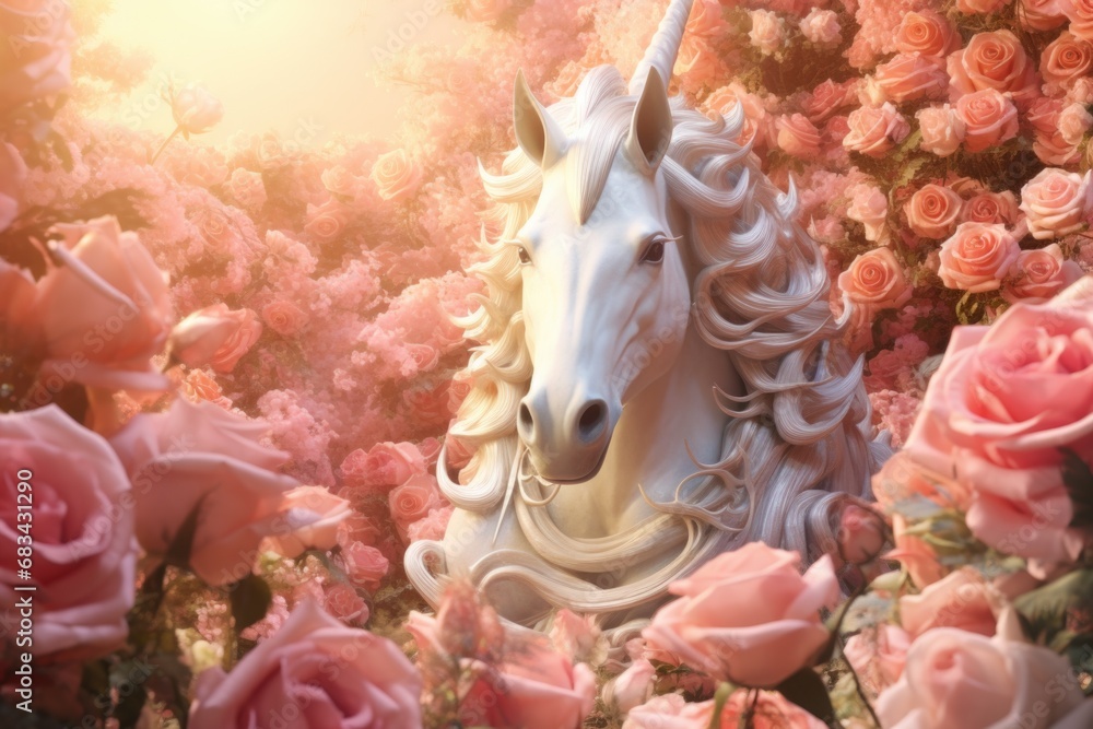 A beautiful statue of a unicorn surrounded by vibrant pink roses. Perfect for adding a touch of magic and elegance to any space