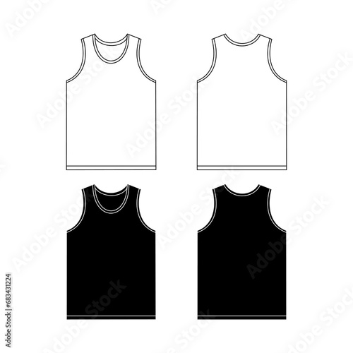 Vector illustration of sports jersey front and back. Sleeveless T-shirt template with a round neck. Outline sketch of a sports jersey in white, black colors.