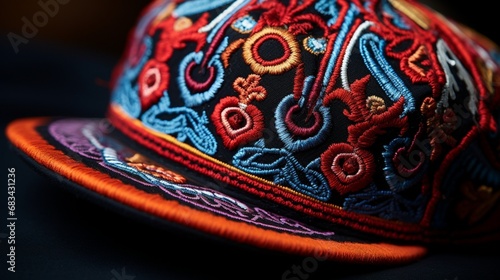 A close-up of a cap's brim, highlighting detailed embroidery.