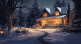 Winter snowy forest house in Christmas night. Christmas lights as decoration
