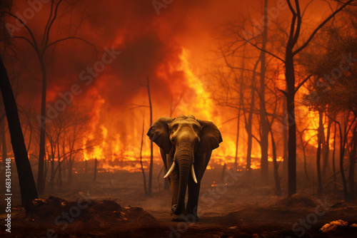 Elephant inside a Burning Forest symbolizing the Urgent Message of Deforestation Climate Changer and Global Warming. Ai generated © twindesigner