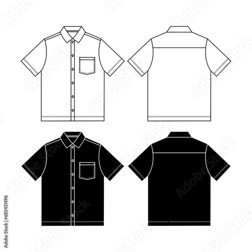 Short sleeve work shirt with patch pocket, roll up sleeve and shirt collar. Digital flat sketch back and front. For colour ways , techpack and CAD. photo