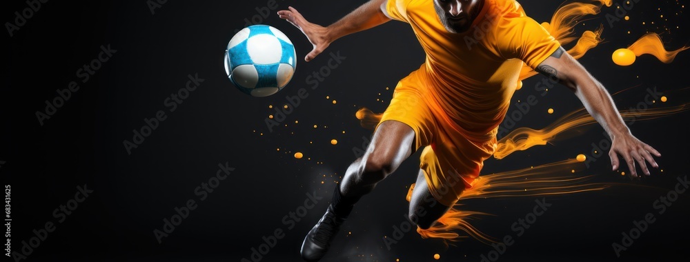 Soccer player in action, motion isolated on black background. Concept of sport, movement, energy and dynamic. Soccer Concept With a Space For a Text. - obrazy, fototapety, plakaty 
