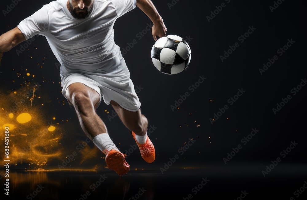 Soccer player in action kicking the ball on a dark studio background. Football Concept With a Copy Space. Soccer Concept With a Space For a Text.