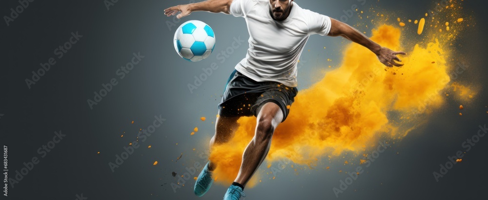 Soccer player in action kicking a ball with yellow smoke on grey background. Football Concept With a Copy Space. Soccer Concept With a Space For a Text.