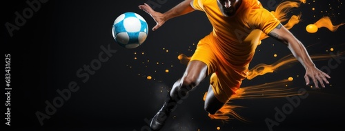 Soccer player in action, motion isolated on black background. Concept of sport, movement, energy and dynamic. Soccer Concept With a Space For a Text. photo