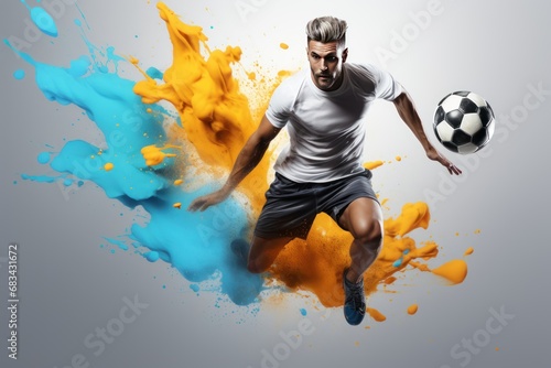 Soccer player in action kicking the ball with colorful splashes on grey background. Football Concept With a Copy Space. Soccer Concept With a Space For a Text.