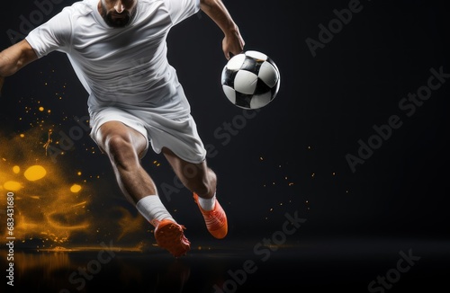 Soccer player in action kicking the ball on a dark studio background. Football Concept With a Copy Space. Soccer Concept With a Space For a Text. © John Martin