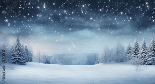 a snowy christmas background with lights and lights, in the style of light gray and teal, light-filled landscapes © Koray