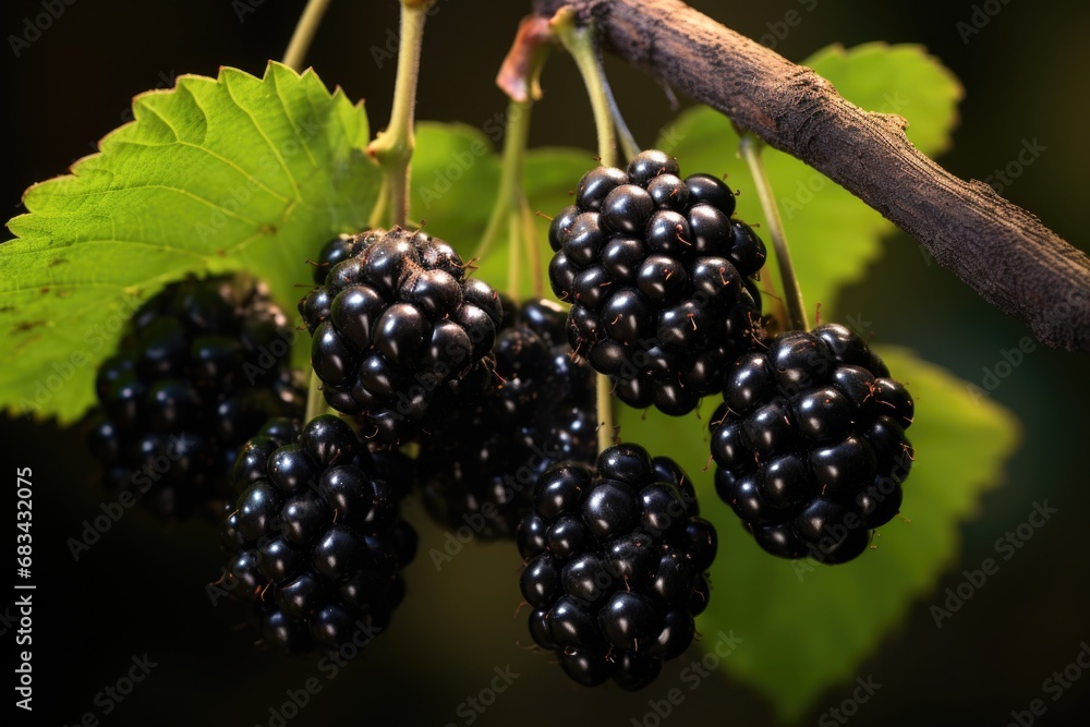 A bunch of blackberries hanging from a branch. This image can be used to showcase the beauty of nature and the deliciousness of fresh fruits A bunch of blackberries hanging from a branch. This image can be used to showcase the beauty of nature and the deliciousness of fresh fruits