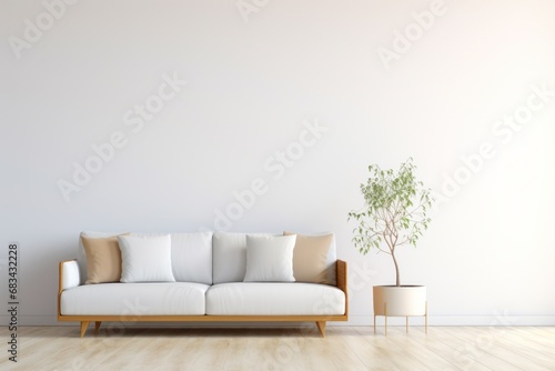 Beige sofa with white cushions and pillows, the potted tree next to the sofa, contemporary design. Simple living, minimalist home design, modern and minimalist living room interior. 